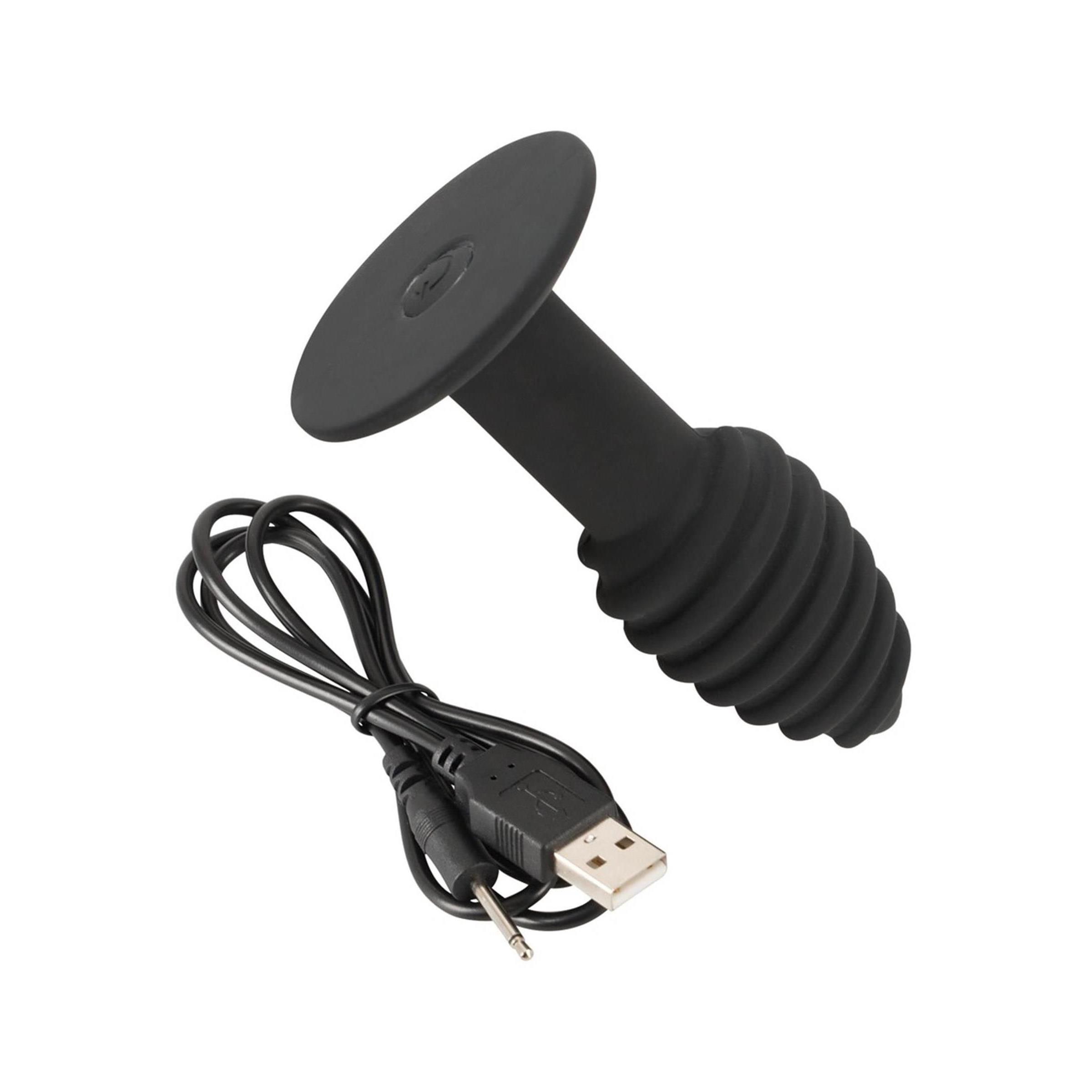 Schwarzer Analplug mit spiralförmigem Design. Mit USB-Ladekabel. Basis und Schaft sind zylindrisch, der Kopf ist konisch.