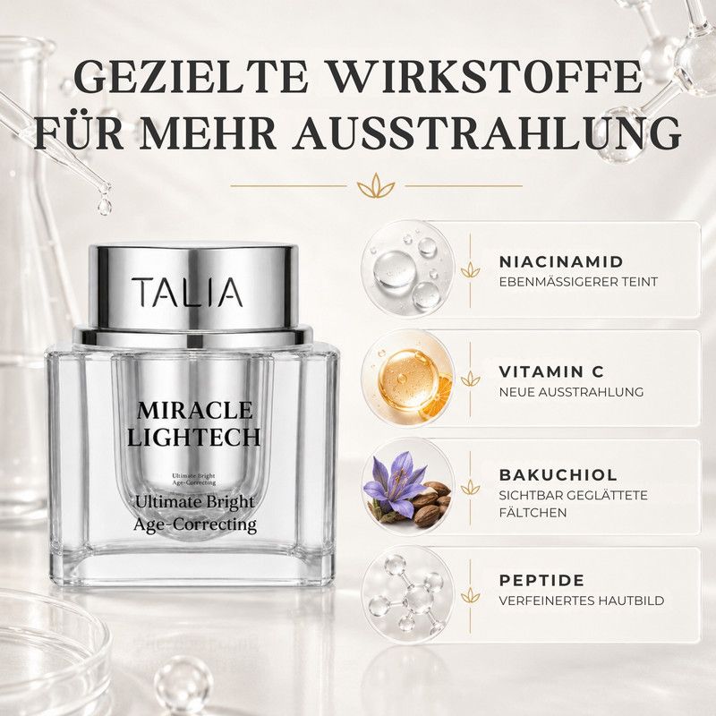 Talia Miracle Lighttech Age-Correcting Creme mit Niacinamid, Vitamin C, Bakuchiol und Peptid.