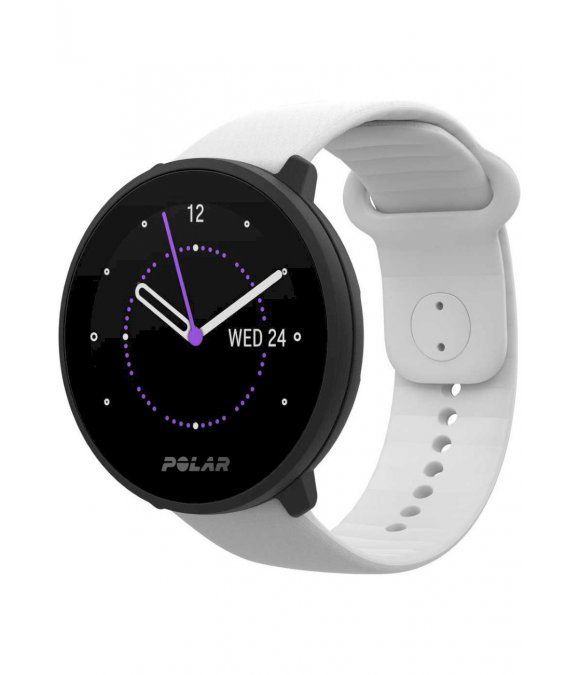 Fitnessuhr Polar Unite, weißes Armband, schwarzes Gehäuse. Zifferblatt mit Uhrzeit und Datum. Marke Polar.