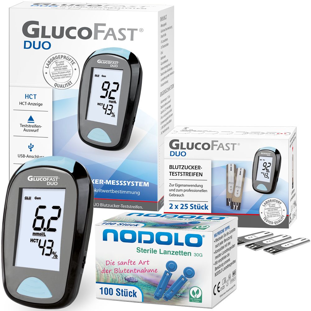 Glucofast® Duo Blutzuckermessgerät Kombiset mit mit Teststreifen und Lanzetten  (mmol/L)