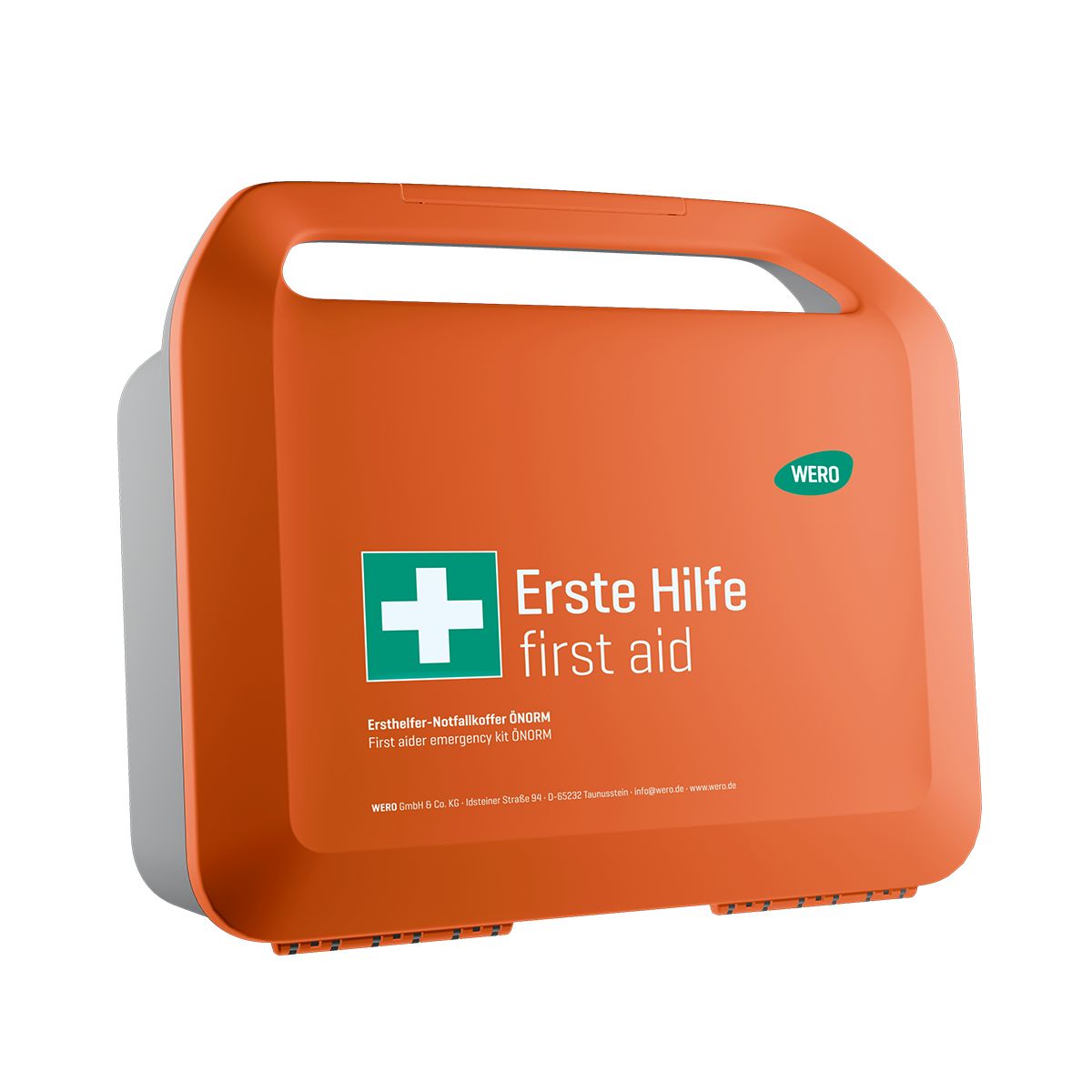 Orange Erste-Hilfe-Koffer mit Griff und grünem Kreuz. Schriftzug: Erste Hilfe/first aid. Marke WERO. Graue Seiten.