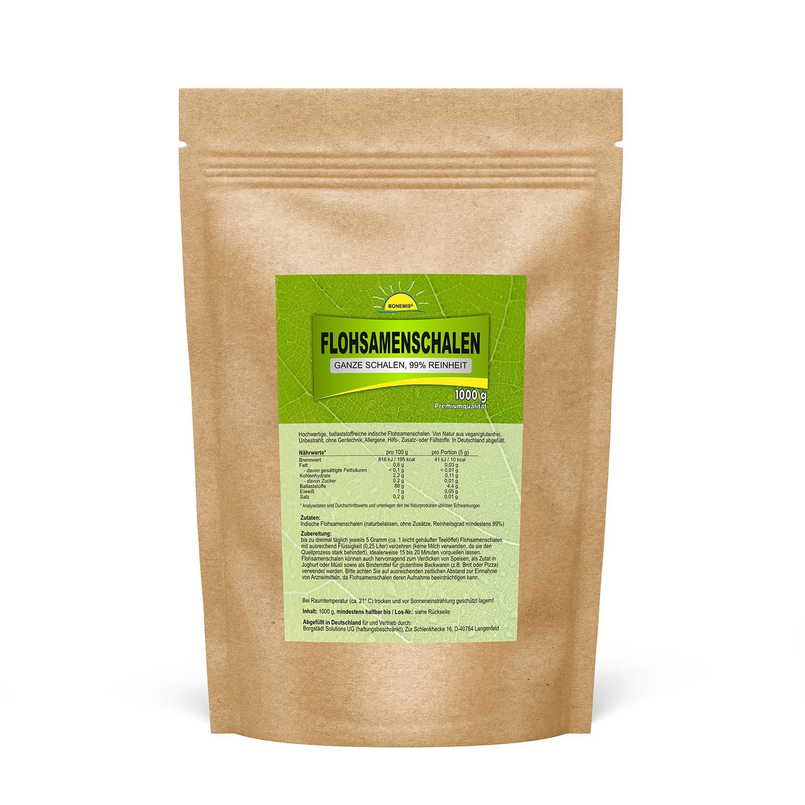 Bonemis® Indische Flohsamenschalen (ganze Schalen), 99% Reinheitsgrad 1 kg Schale