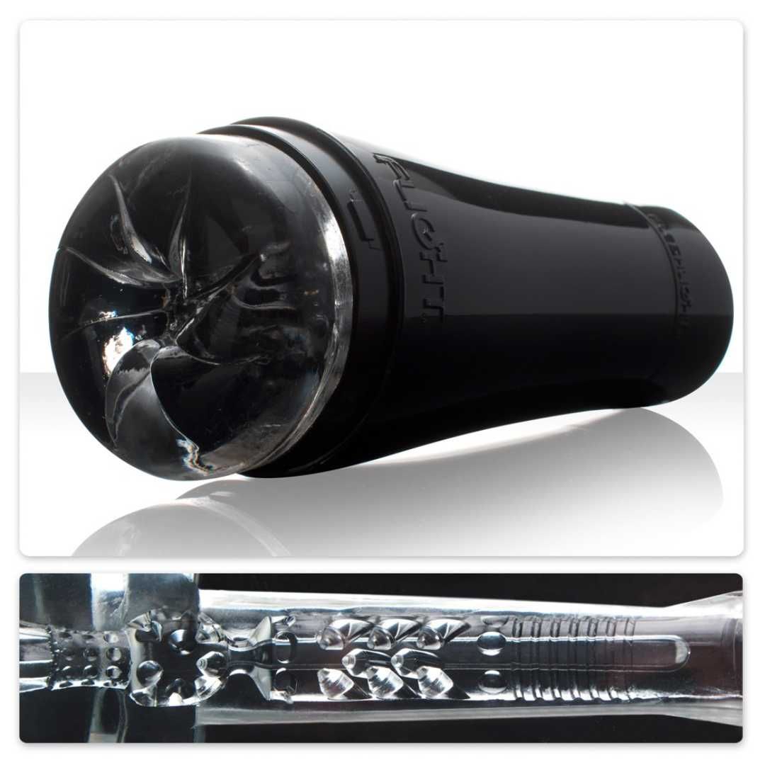 Schwarzes, längliches Produkt mit transparentem Innenleben. Marke: Fleshlight.