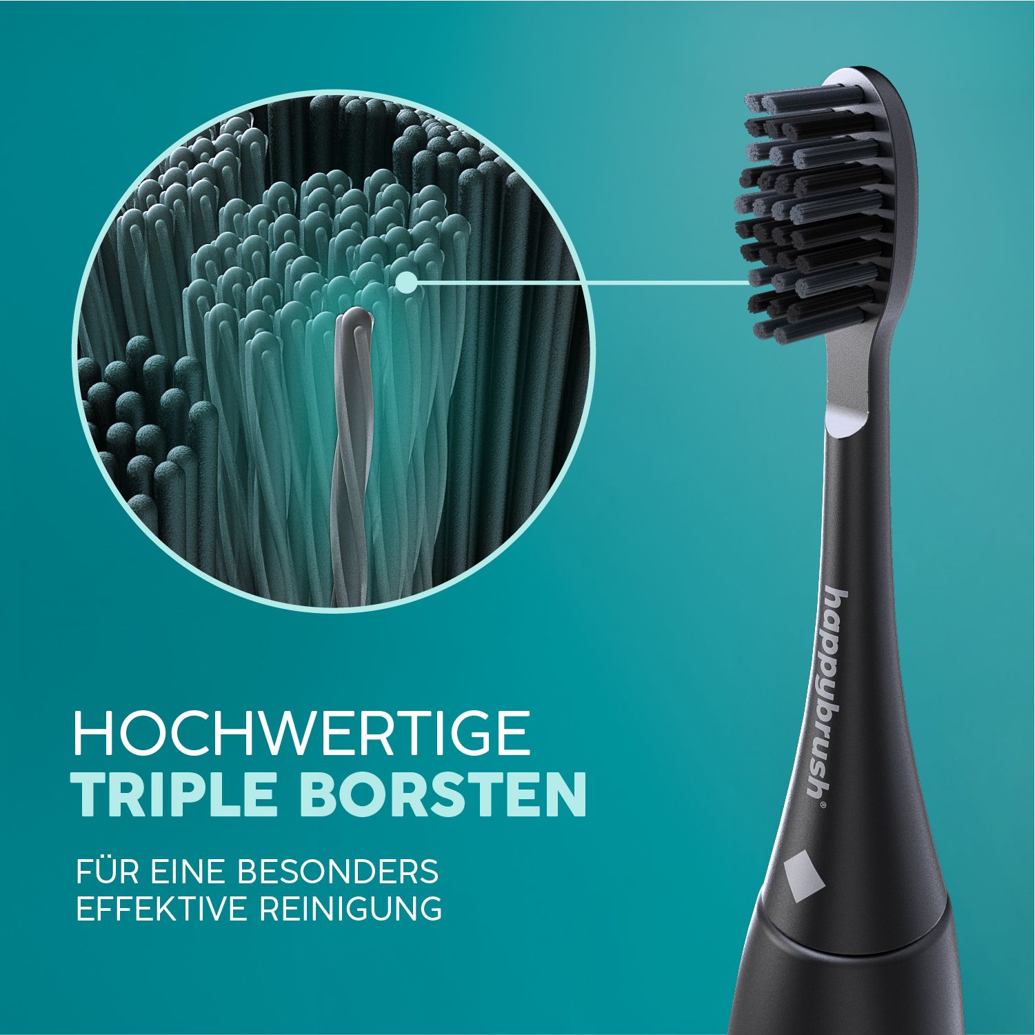 Nahaufnahme einer schwarzen Zahnbürstenkopf mit Detailansicht der Borsten. Text: Hochwertige Triple-Borsten für effektive Reinigung.