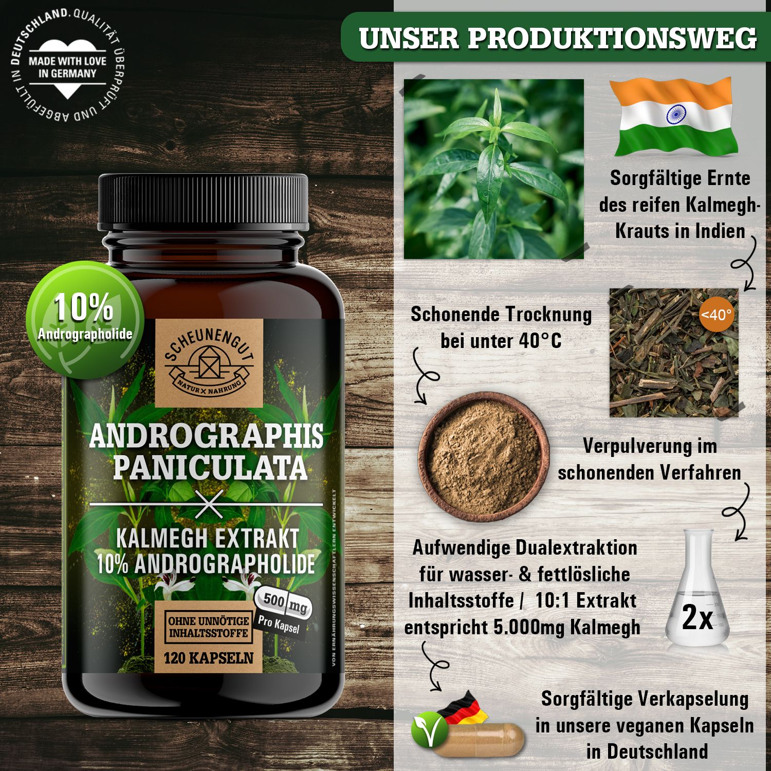 Braune Flasche mit Kapseln. Aufschrift: Andrographis Paniculata, Kalmegh Extrakt, 10% Andrographolide. Grün-weiße Kapsel-Grafik.