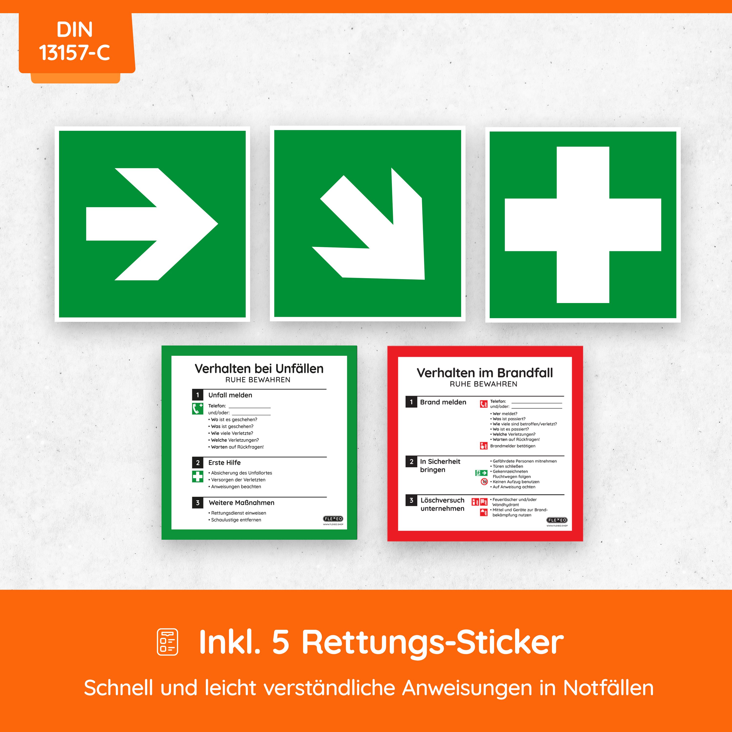 Fünf grüne Rettungs-Sticker mit weißen Symbolen. Pfeile und Kreuz. Text: Verhalten bei Unfällen, Verhalten im Brandfall. DIN 13157-C.
