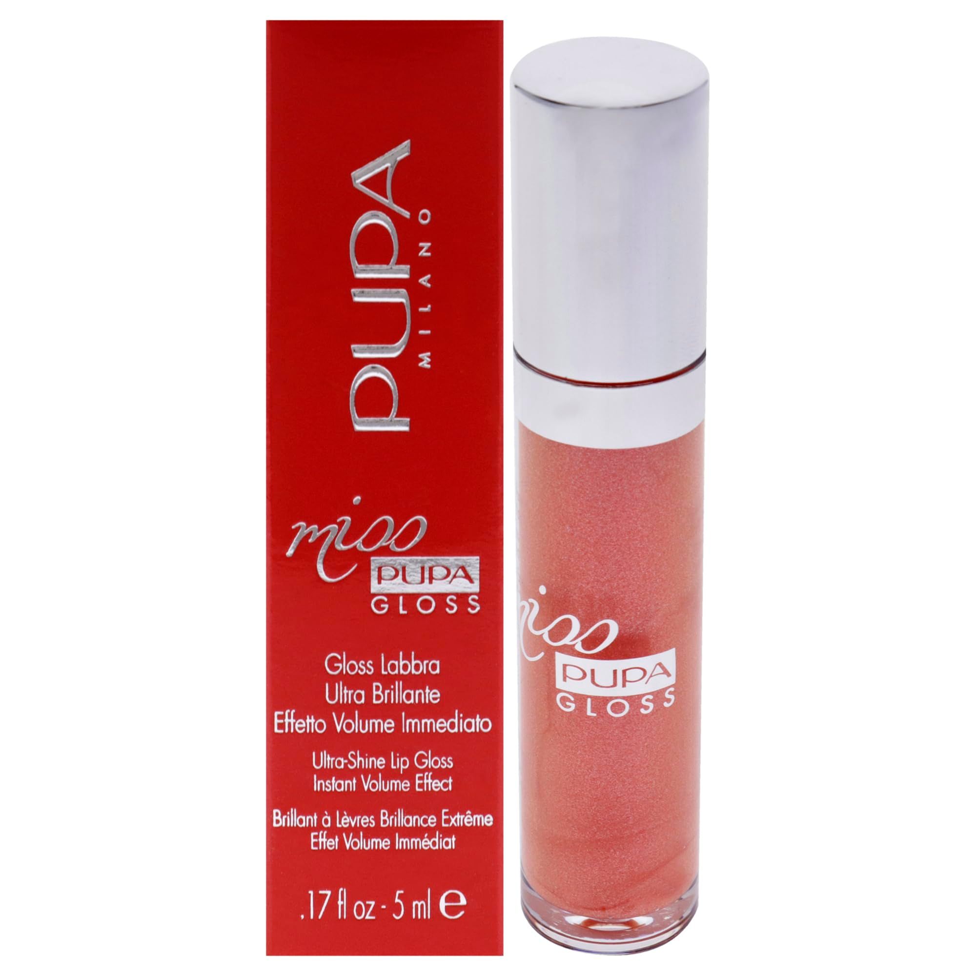 Pupa Milano Miss Pupa Gloss Lippenstift in einem roten Karton und einem silbernen Applikator.