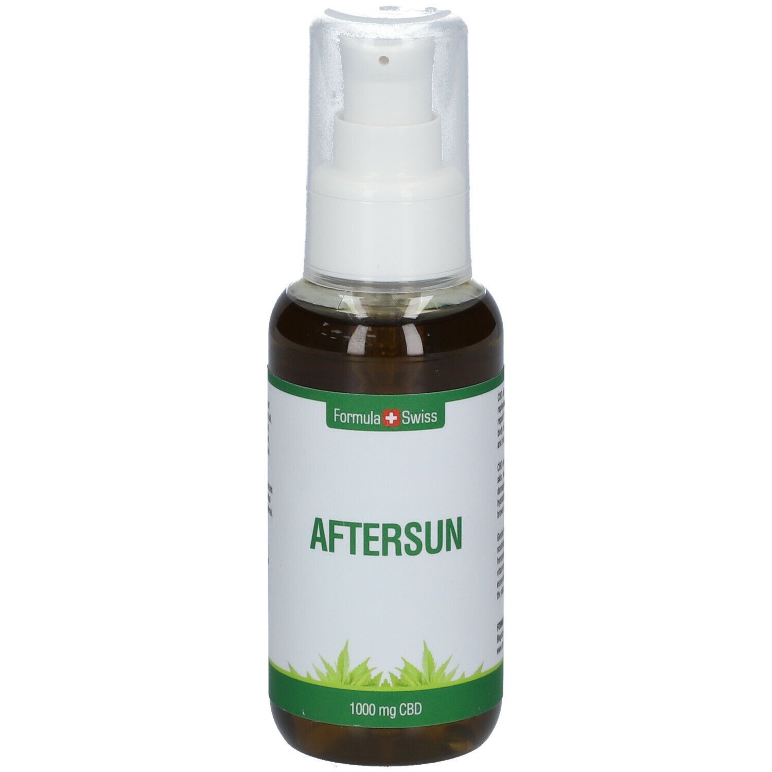 Braune Flasche mit weißem Pumpkopf. Aufschrift AFTERSUN, 1000 mg CBD und Logo Formula Swiss.