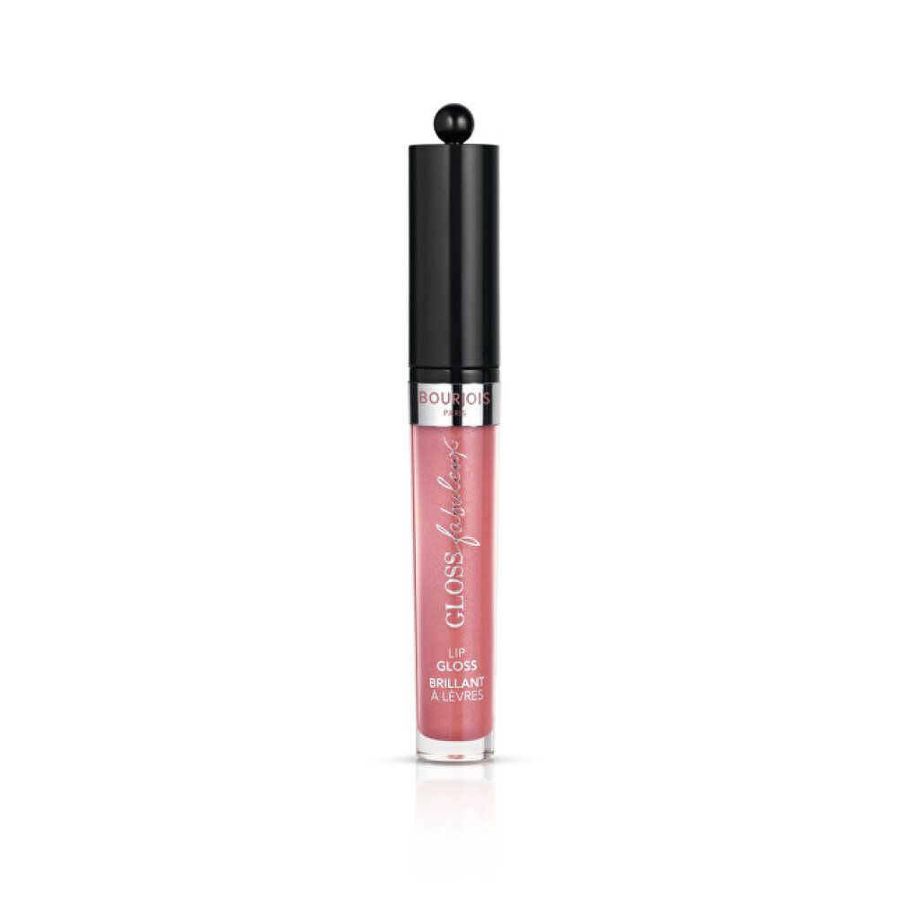 Ein Bourjois Lipgloss mit schwarzem Deckel und rosa Inhalt, leicht schräg von vorne auf weißem Hintergrund.