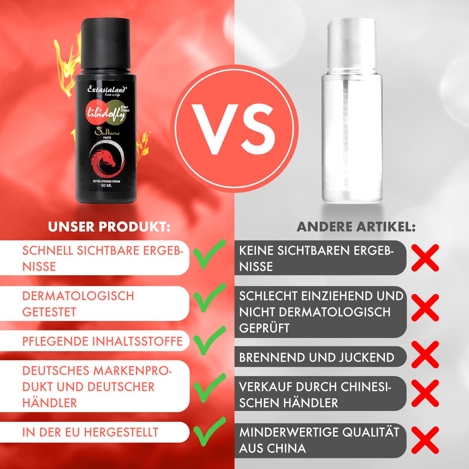 Vergleich: Libidofly Sultans Paste vs. anderes Produkt. Schwarze Flasche, rotes Etikett. Marke Extasialand.