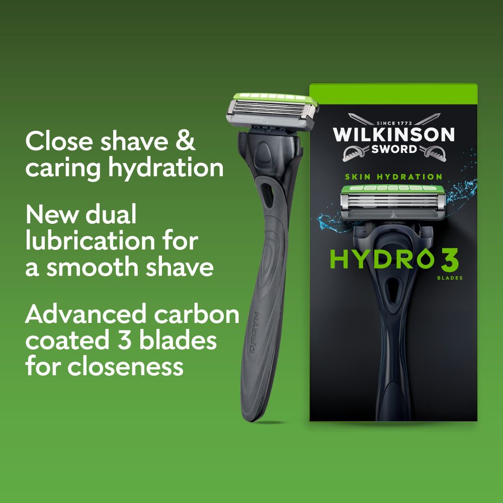 Verpackungsdesign für Wilkinson Sword Hydro 3 Rasierer mit 3 Klingen.