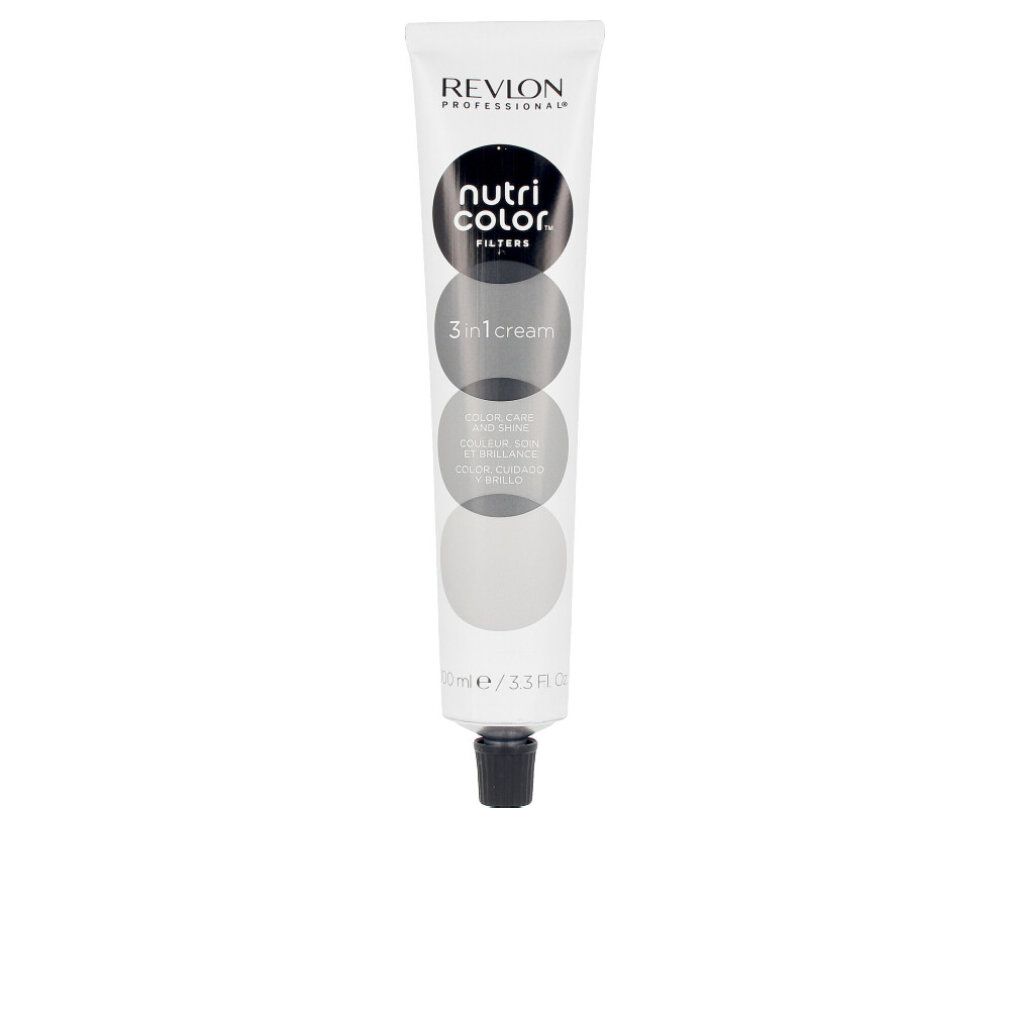 Weiß-graue Tube mit schwarzem Verschluss. Aufschrift: Revlon, Nutri Color Filters, 3 in 1 cream.