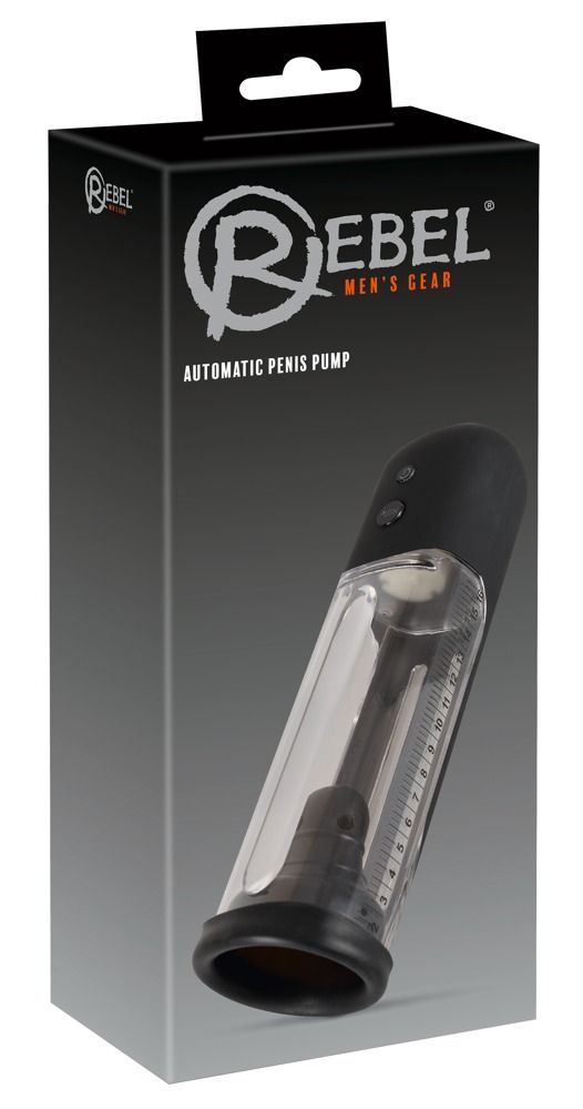Schwarze Verpackung mit Produkt. Aufschrift: Rebel Men's Gear, Automatic Penis Pump. Pumpe mit Mess-Skala.