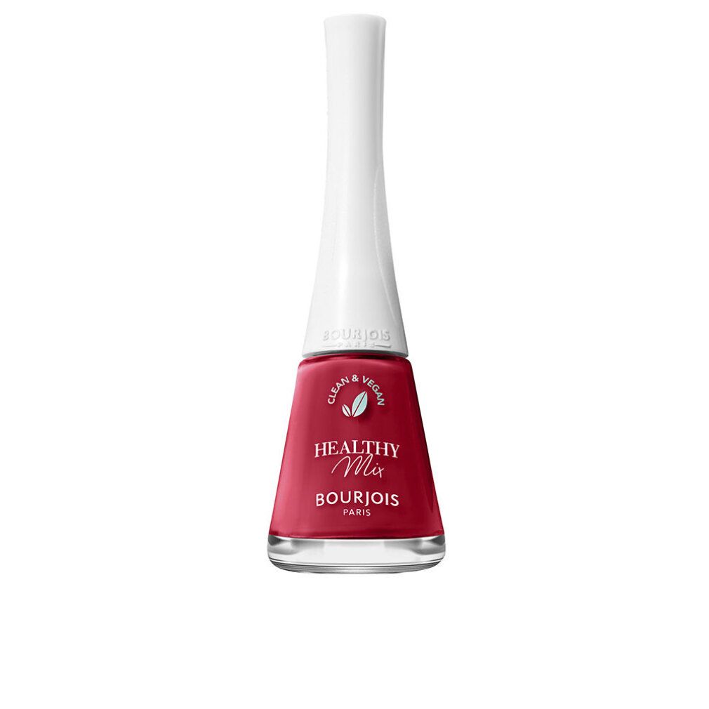 Nagellackflasche, rot, mit weißem Deckel. Aufschrift: Healthy Mix, Bourjois. Clean & Vegan.