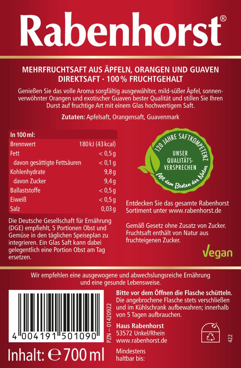 Rückseite einer Saftflasche mit Etikett. Text: Rabenhorst, Mehrfruchtsaft, 100% Fruchtgehalt, Nährwertangaben, vegan.