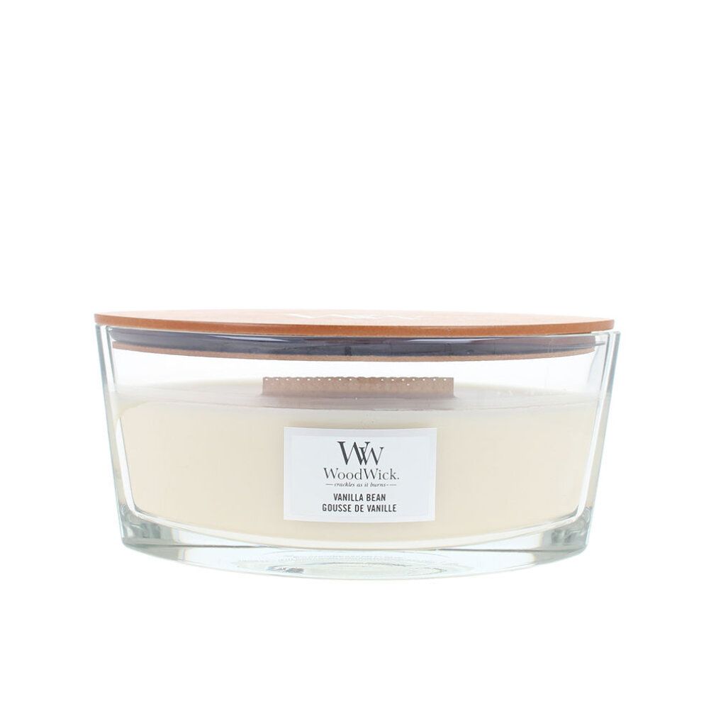 Kerze mit Glasbehälter, Holzdeckel. Aufkleber "WoodWick Vanilla Bean".