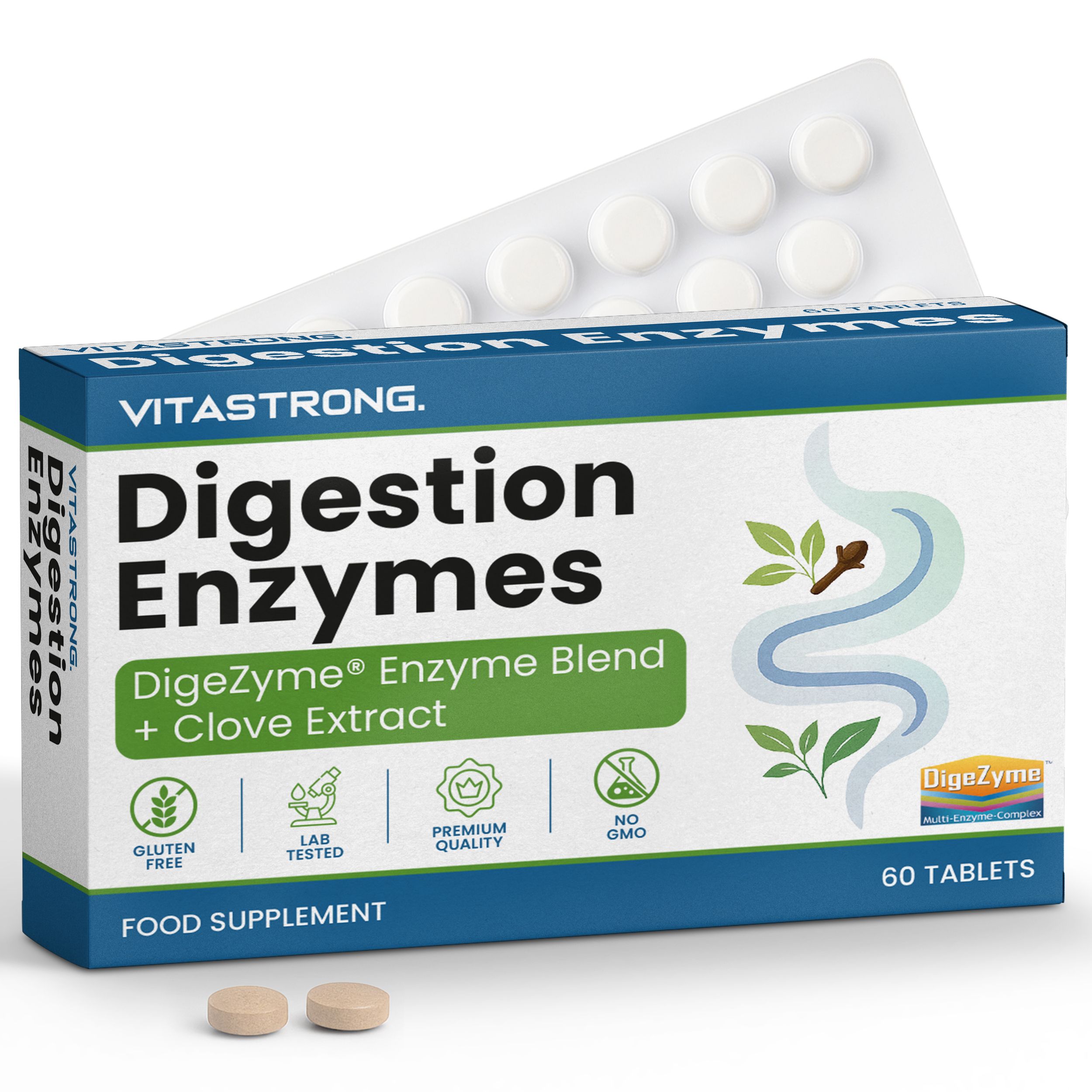 Produktverpackung mit Tabletten. Text: Digestion Enzymes. Enthält 60 Tabletten. Glutenfrei.
