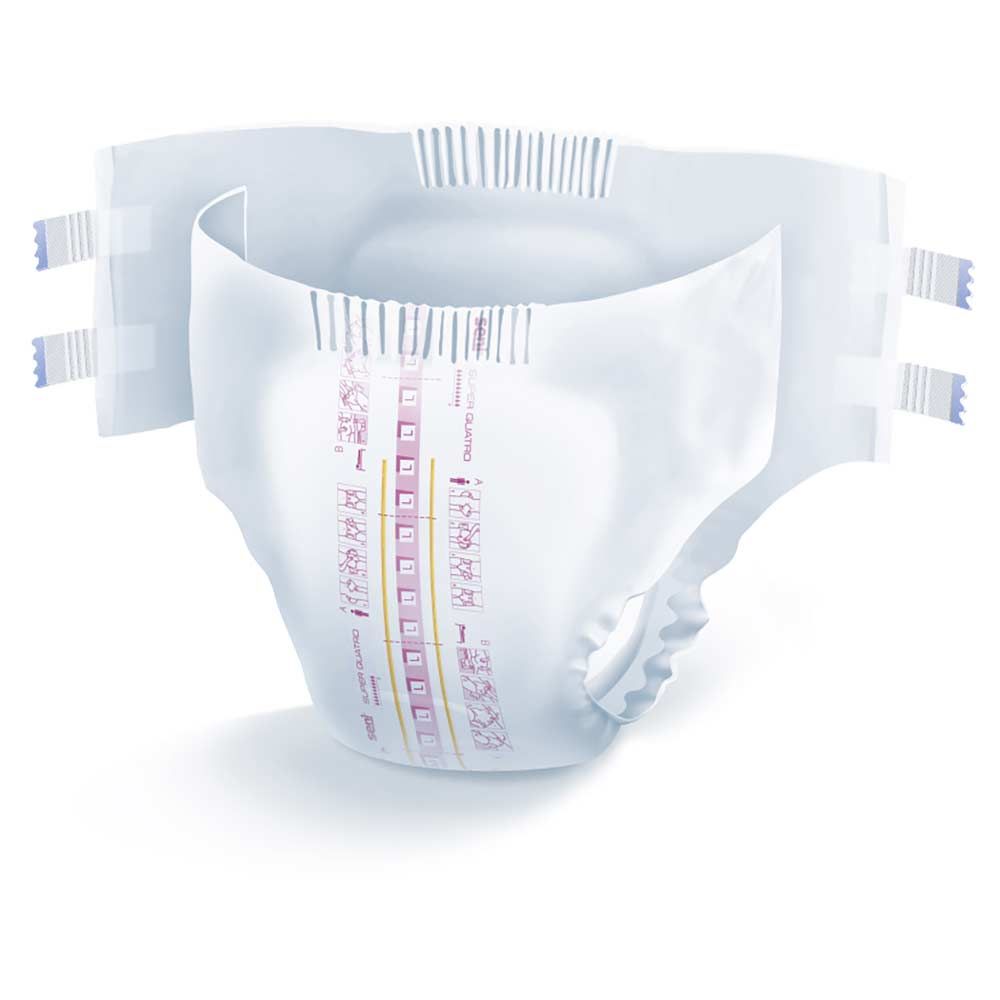 Weißer Inkontinenzslip Super Seni Quatro. Mit Klebestreifen und Größenmarkierungen. Detailansicht, Vorderseite.