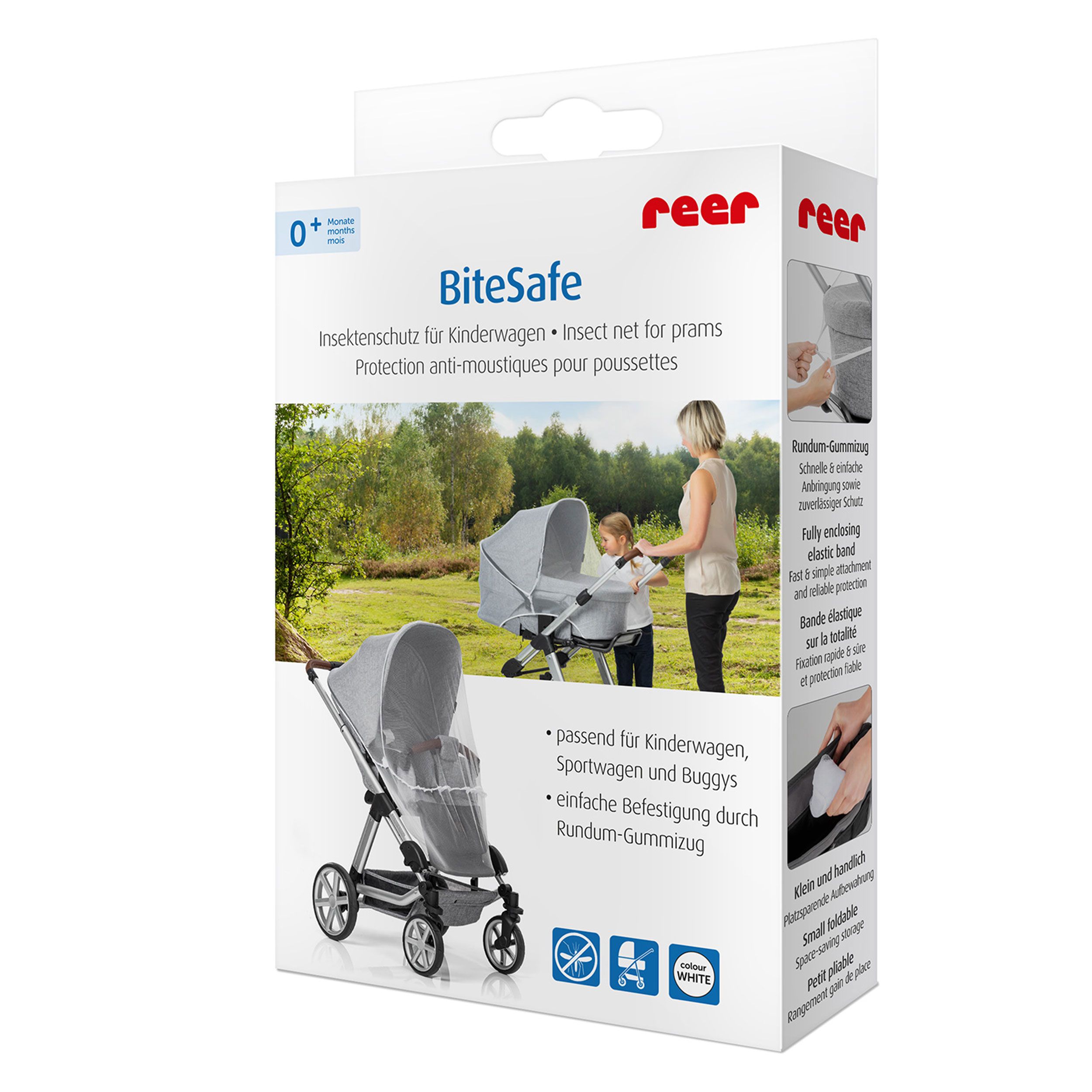 Verpackung mit Insektenschutz für Kinderwagen. Das Produkt ist in einer Box verpackt. Eine Frau ist abgebildet.