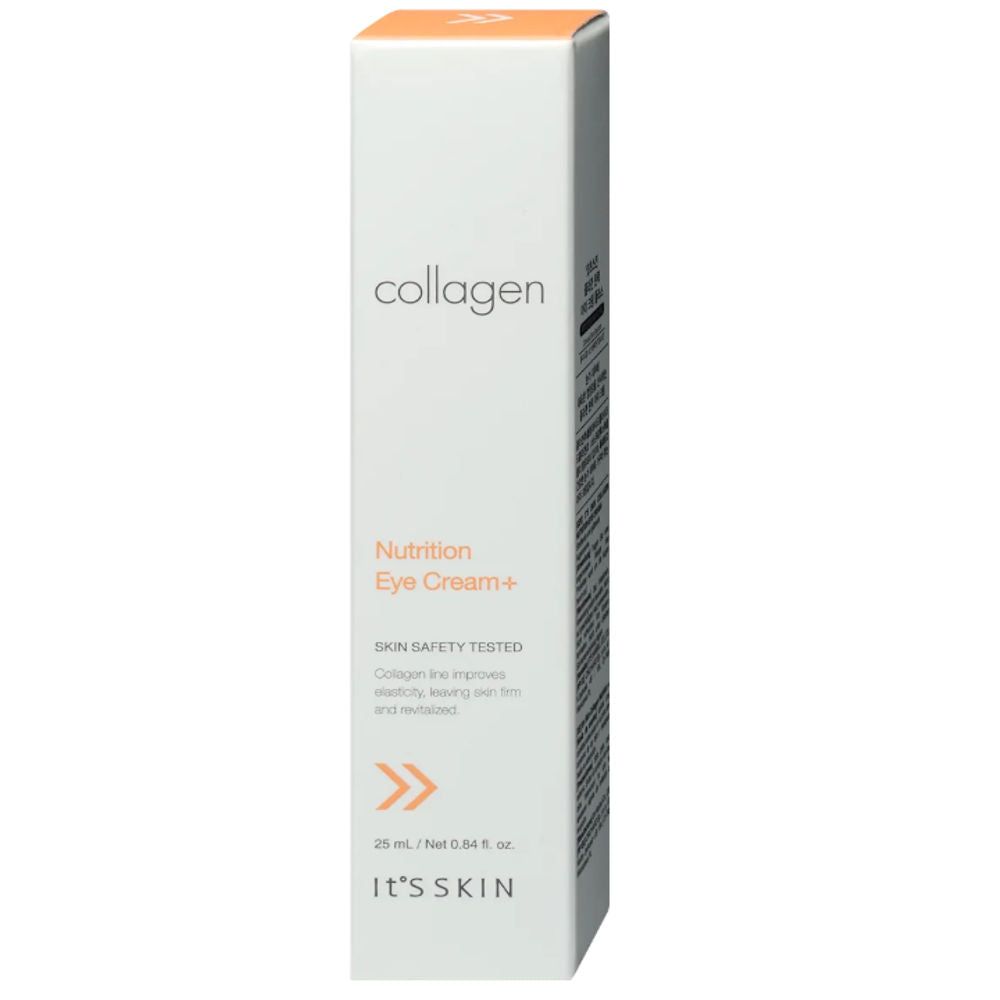 Weiße Verpackung mit orangefarbenem Deckel. Aufschrift: Collagen, Nutrition Eye Cream+. Text: SKIN SAFETY TESTED. Marke: IT'S SKIN.