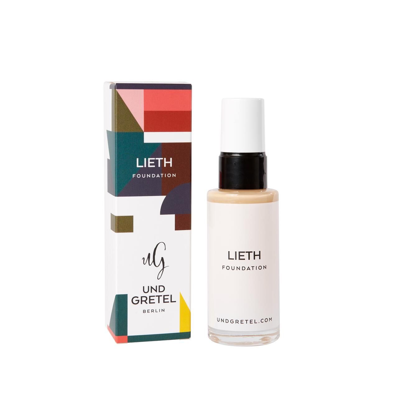 Make-up-Flakon und Verpackung. Aufschrift: LIETH FOUNDATION, undgretel.com. Verpackung mit Logo.