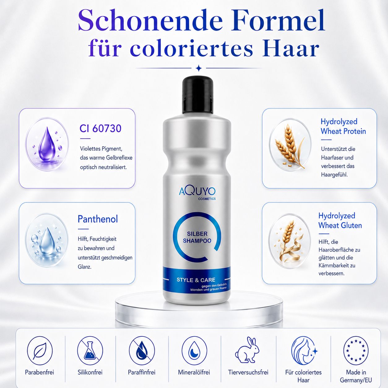 Silber Shampoo-Flasche. Inhaltsstoffe-Illustrationen: CI 60730, Panthenol, hydrolysiertes Weizenprotein, hydrolysiertes Weizengluten. Text: Schonende Formel für coloriertes Haar.