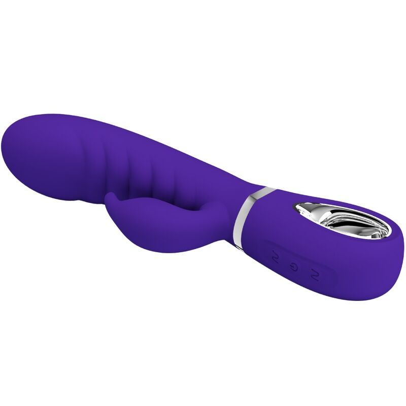 Lila Vibrator mit gebogener Form. Mit G-Punkt-Stimulator und drei Knöpfen.