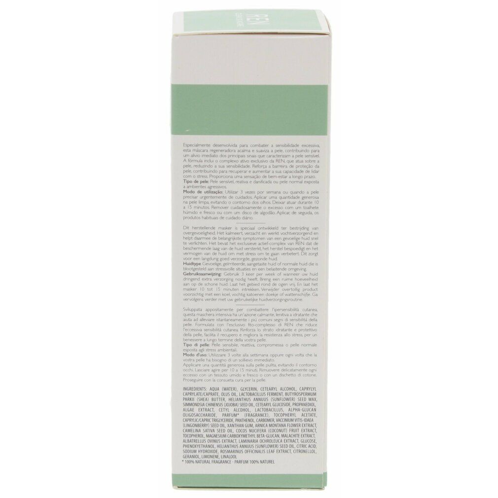 Weiße Verpackung mit Text. Rückseite mit Inhaltsstoffen und Anwendungshinweisen. Text in mehreren Sprachen.