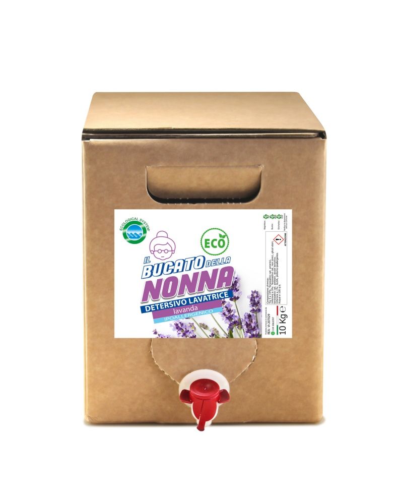 Scatola di detersivo per lavatrice "Bucato della Nonna". L'etichetta riporta "Detersivo Lavatrice Lavanda" e un'immagine di lavanda. La scatola ha un erogatore rosso e il marchio Eco. Contiene 10 kg.
