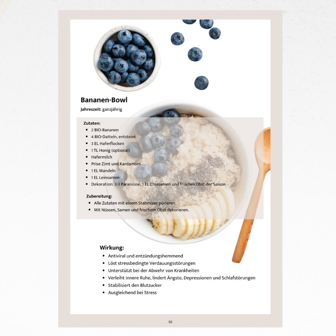 Buchseite mit Rezept "Bananen-Bowl". Zutaten und Zubereitung. Abbildung einer Bowl mit Blaubeeren und Bananenscheiben.