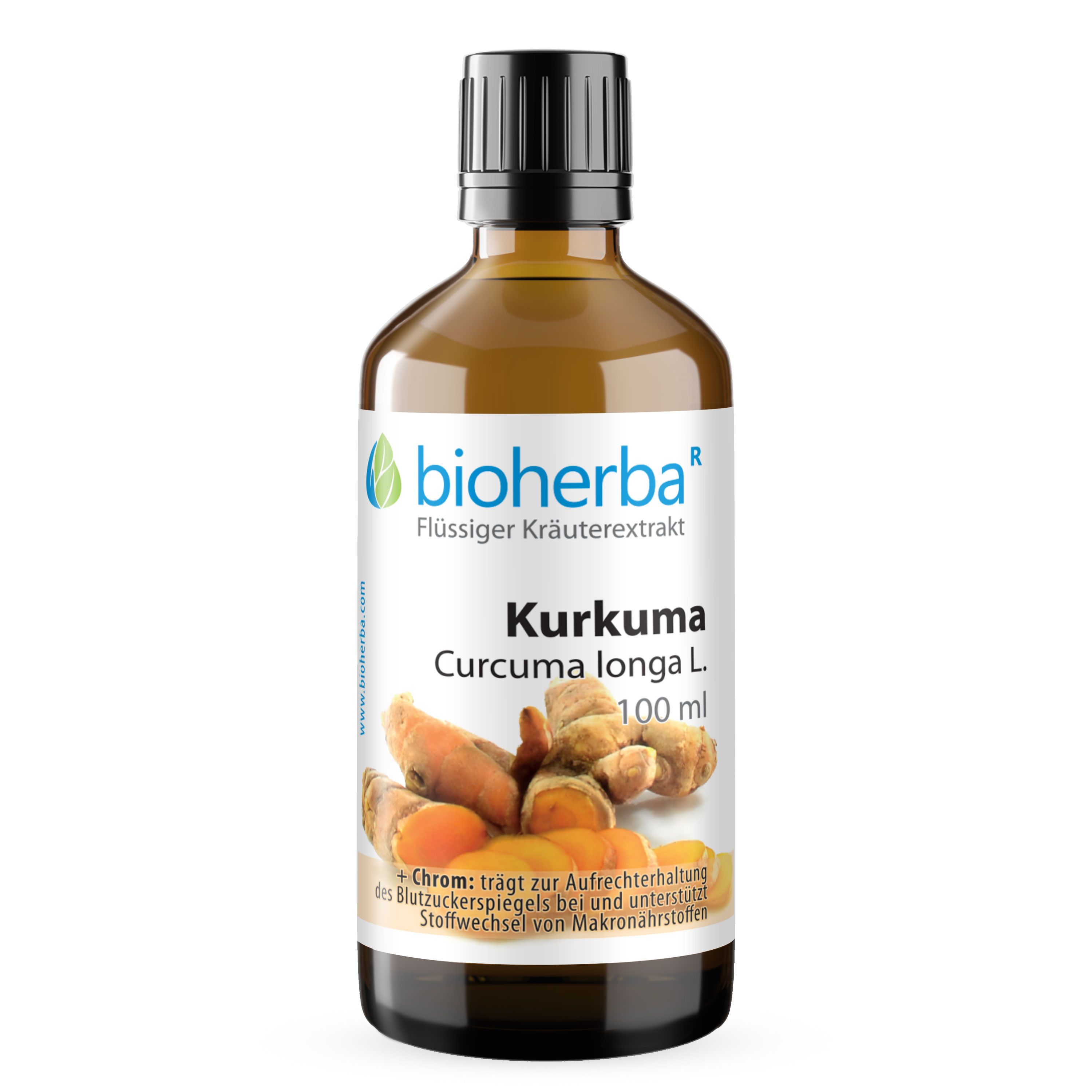 Braune Glasflasche mit schwarzem Deckel. Etikett mit Kurkuma Curcuma longa L. und Bioherba Logo. 100 ml.