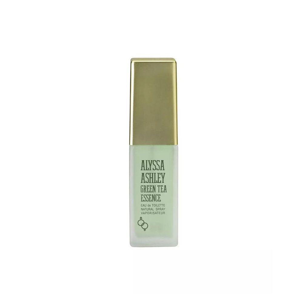 Alyssa Ashley Green Tea Essence Eau de Toilette. Rechteckige Flasche mit grünem Inhalt und goldfarbenem Deckel. Text.