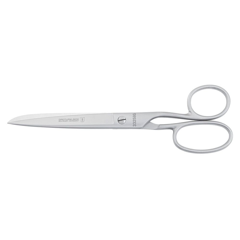 Silberne Schere mit abgerundeten Griffen. Schriftzug und Logo auf der Klinge. Original Solingen.