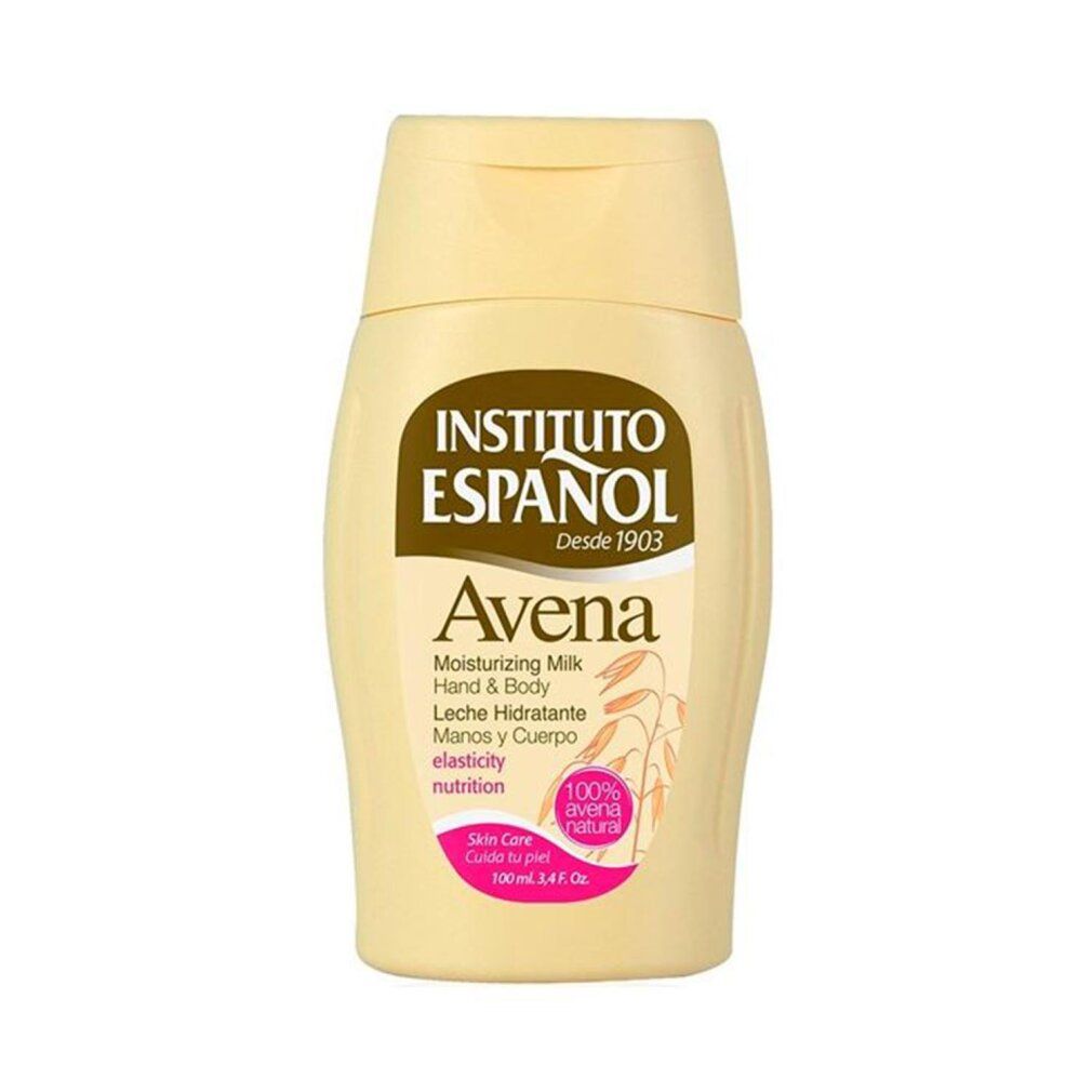Beigefarbene Flasche mit Instituto Español Avena Feuchtigkeitsmilch für Hände und Körper.