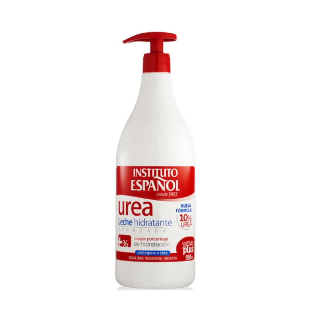 Weiße Pumpflasche mit Instituto Español Urea Körperlotion, 10% Urea.