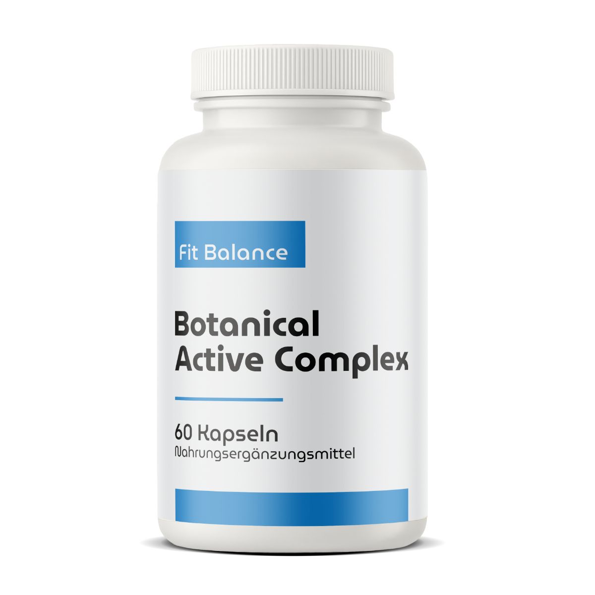 Weiße Flasche mit blauem Etikett. Aufschrift: Fit Balance, Botanical Active Complex, 60 Kapseln. Nahrungsergänzungsmittel.