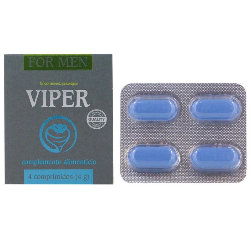 Schachtel und Blisterpackung mit blauen Kapseln. Auf der Schachtel steht "VIPER" und "4 comprimidos".