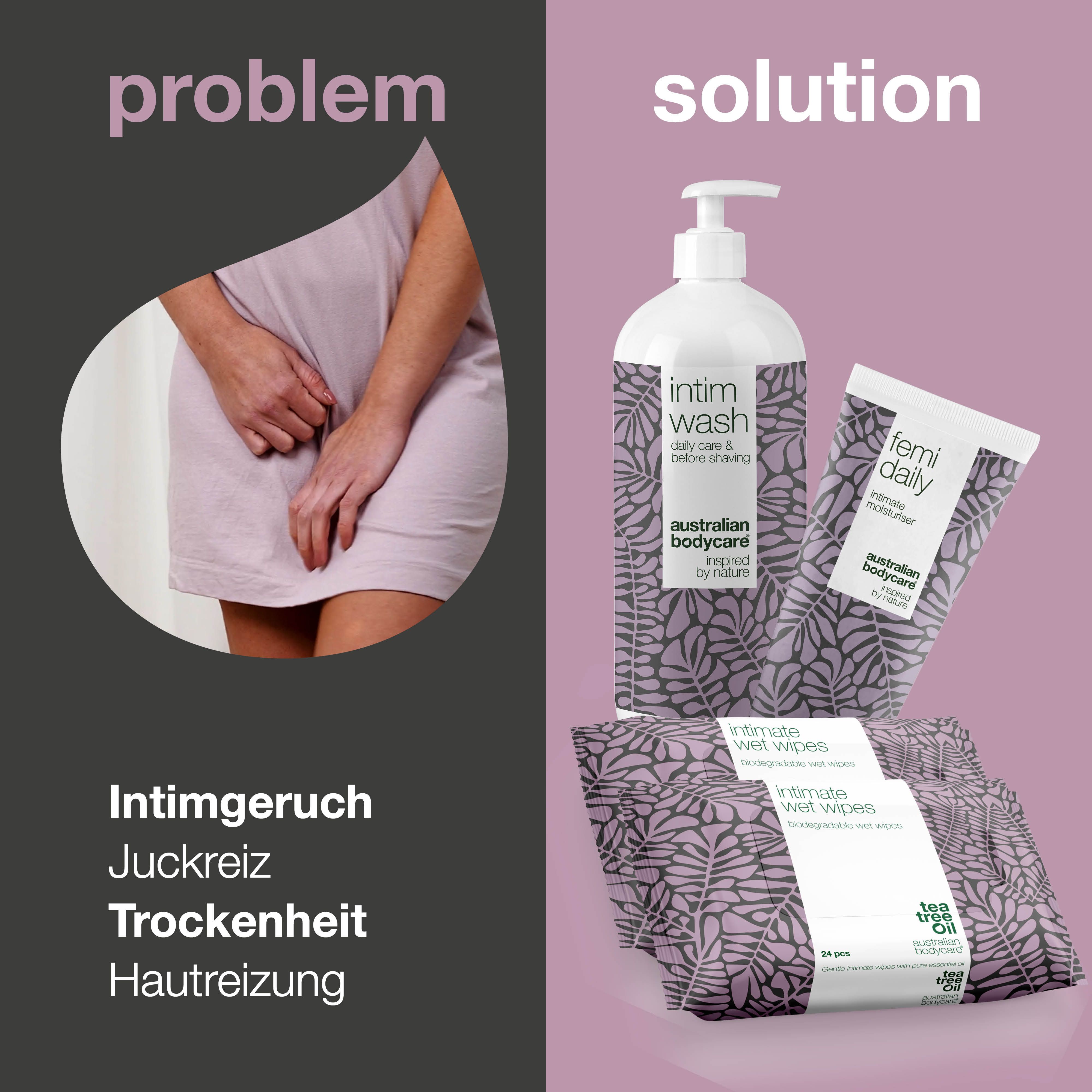 Problem-Lösung-Darstellung. Links: Frau mit Intimbeschwerden. Rechts: Produkte der Marke.