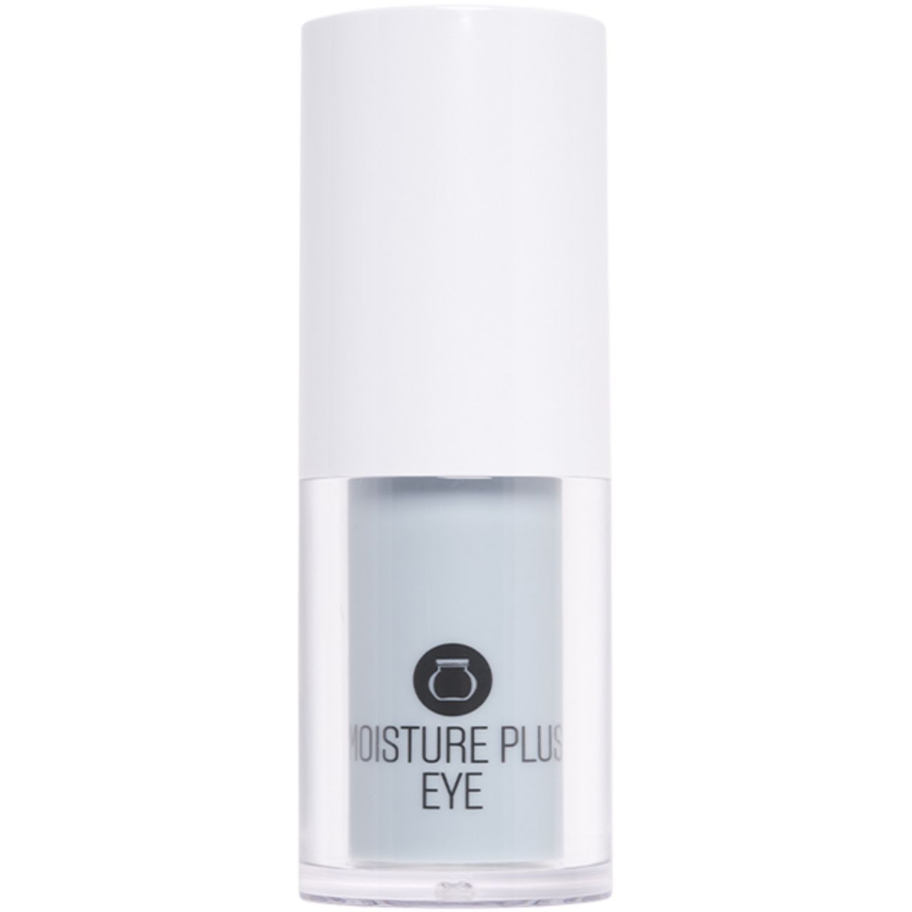 Zylindrische Flasche mit weißem Deckel. Unterteil transparent mit grauer Flüssigkeit. Schwarzes Logo und Schriftzug: Moisture Plus Eye.