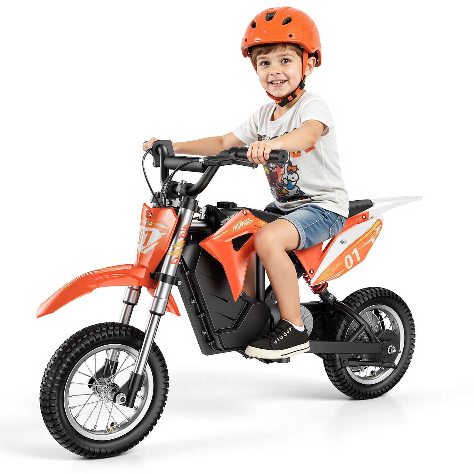 Kind auf orangefarbenem Elektro-Motorrad. Kind trägt Helm. Schwarze Reifen, Lenker und Sitz. Nummer 01.