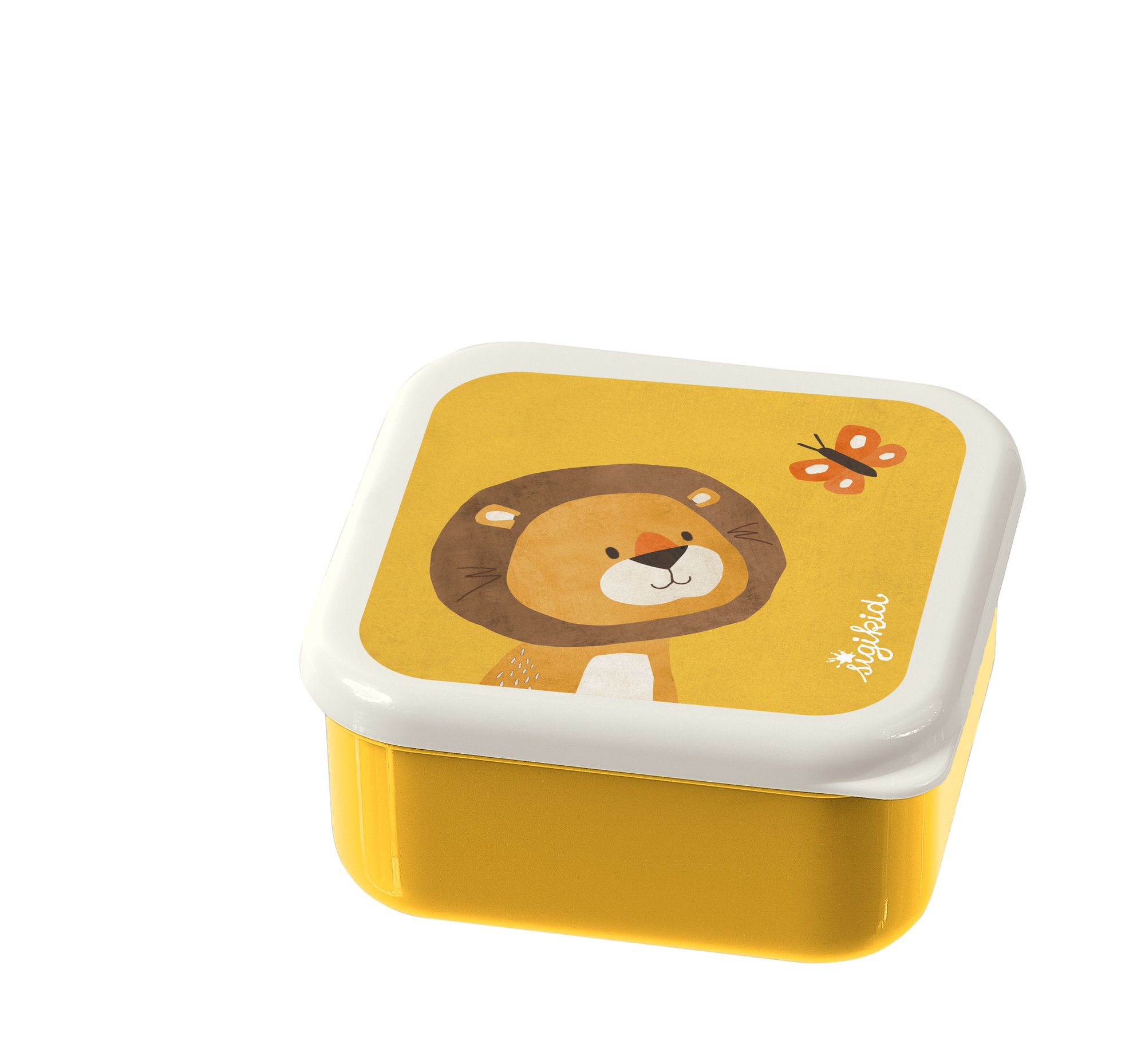 Gelbe Snackbox mit Löwen-Motiv und weißem Deckel. Auf dem Deckel ist ein Löwe und ein Schmetterling abgebildet. Marke: sigikid.