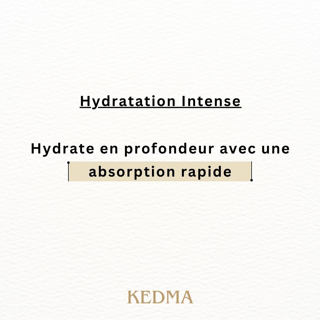 Texte : Hydratation Intense. Hydrate en profondeur avec une absorption rapide. Marque : Kedma.