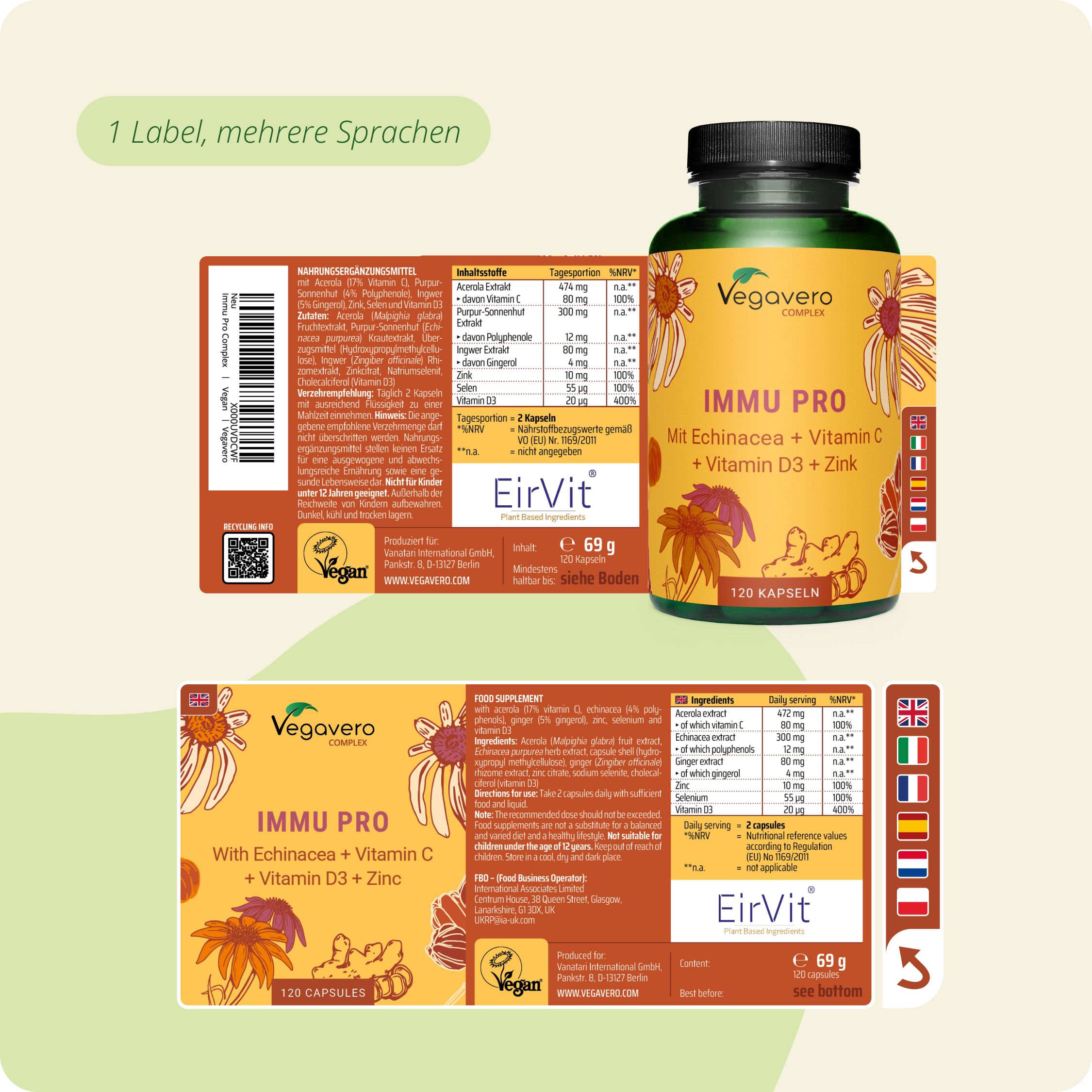Veggavero Immu Pro Dose und Etiketten mit mehrsprachigen Informationen. Enthält Echinacea, Vitamin C, D3, Zink.