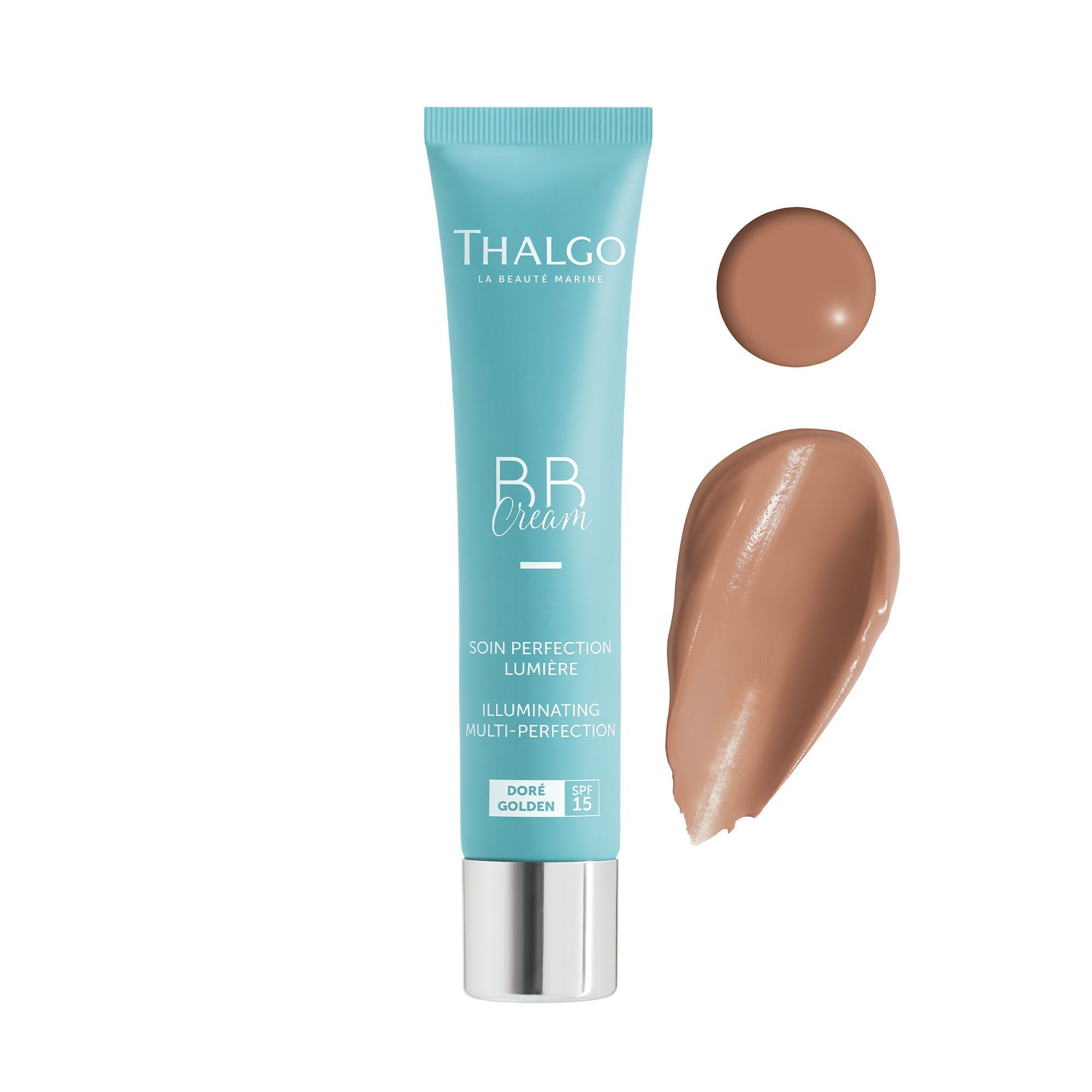 Türkisfarbene Tube mit THALGO BB Cream Aufschrift. Silberner Verschluss. Text: SOIN PERFECTION LUMIERE, ILLUMINATING MULTI-PERFECTION, DORÉ, SPF 15. Zwei Farbmuster.