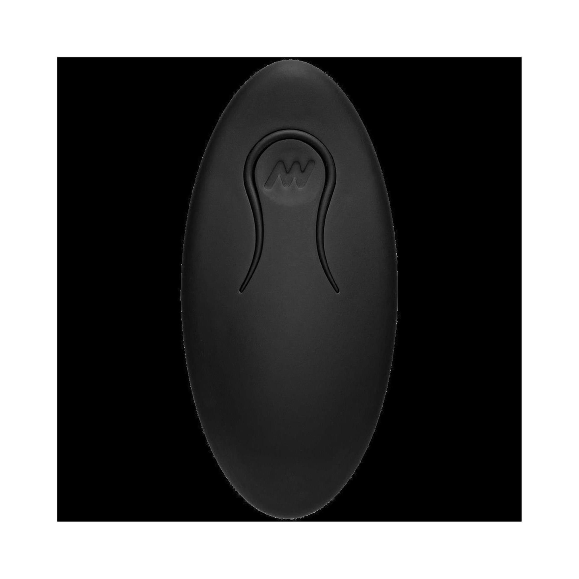 Schwarze, ovale Fernbedienung. Oberseite mit erhabenem Design und zwei konkaven Linien. Keine weiteren Details.