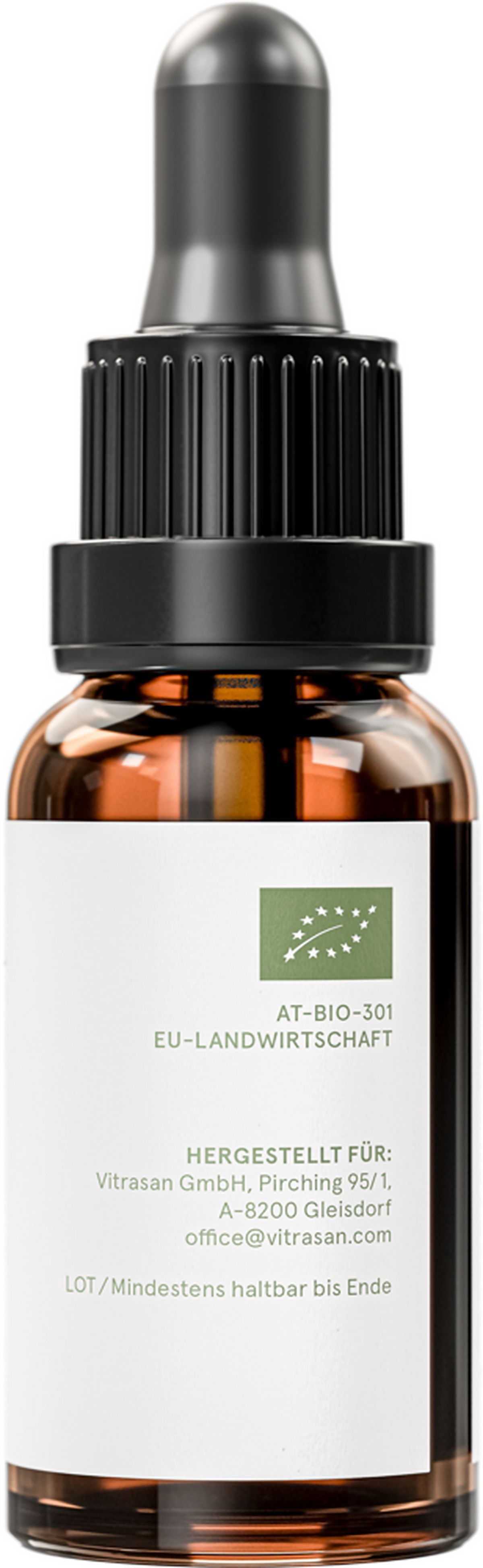 Braune Glasflasche mit Tropfer. Aufschrift: AT-BIO-301 EU-LANDWIRTSCHAFT. Herstellerinformationen und EU-Landwirtschaft Logo.