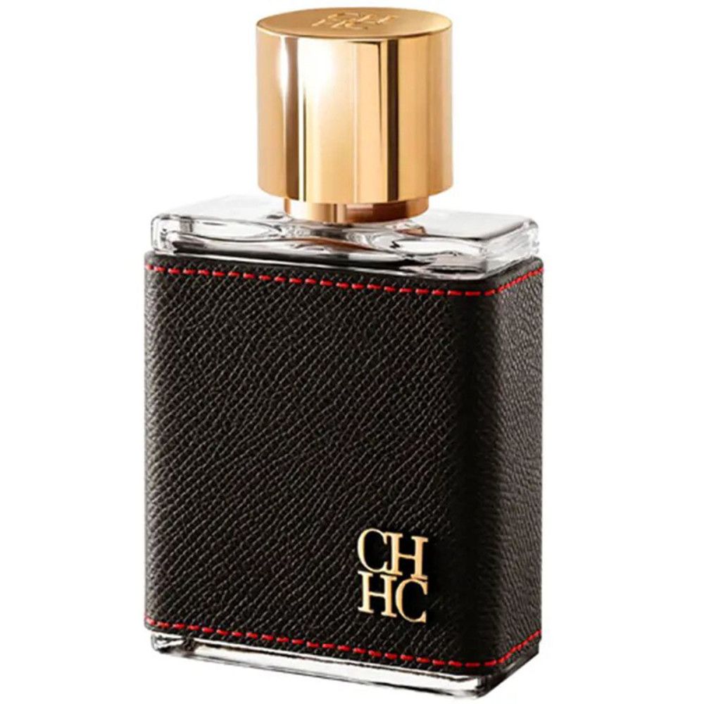 Carolina Herrera CH Men Eau de Toilette Spray Flakon mit schwarzer Lederummantelung und roten Nähten.