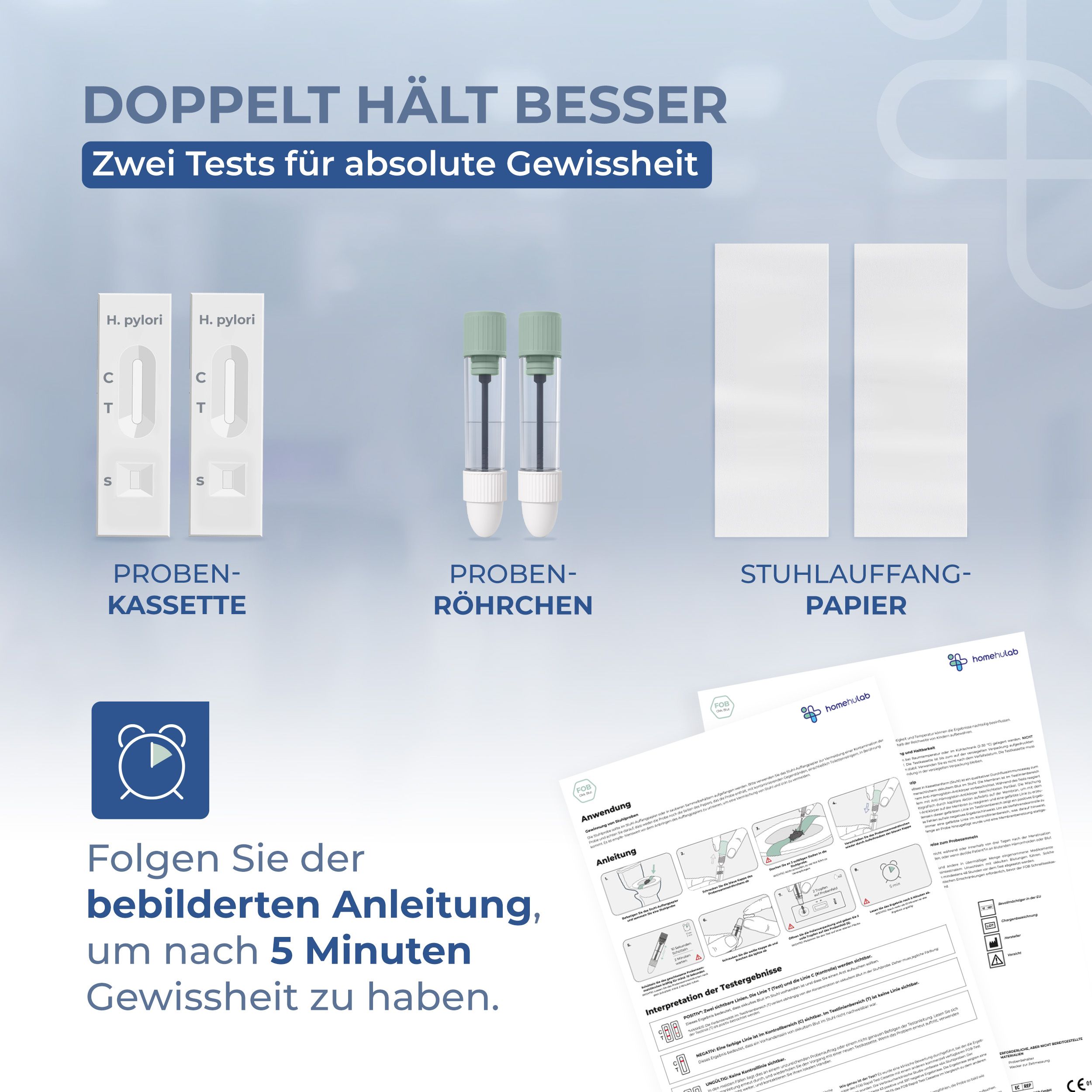 Zwei Tests, Probenröhrchen, Stuhlfangpapier, Anleitung. Logo homehulab. 5 Minuten Ergebnis.