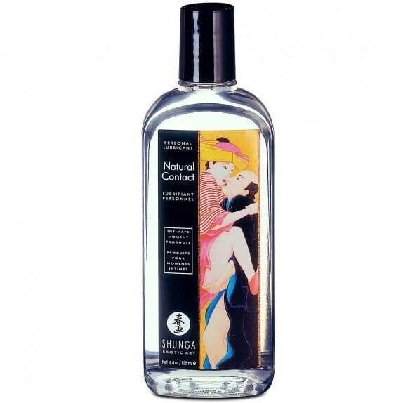 Klare Flasche mit schwarzem Deckel. Etikett mit Illustration eines Paares. Text: Natural Contact, Personal Lubricant, Shunga.