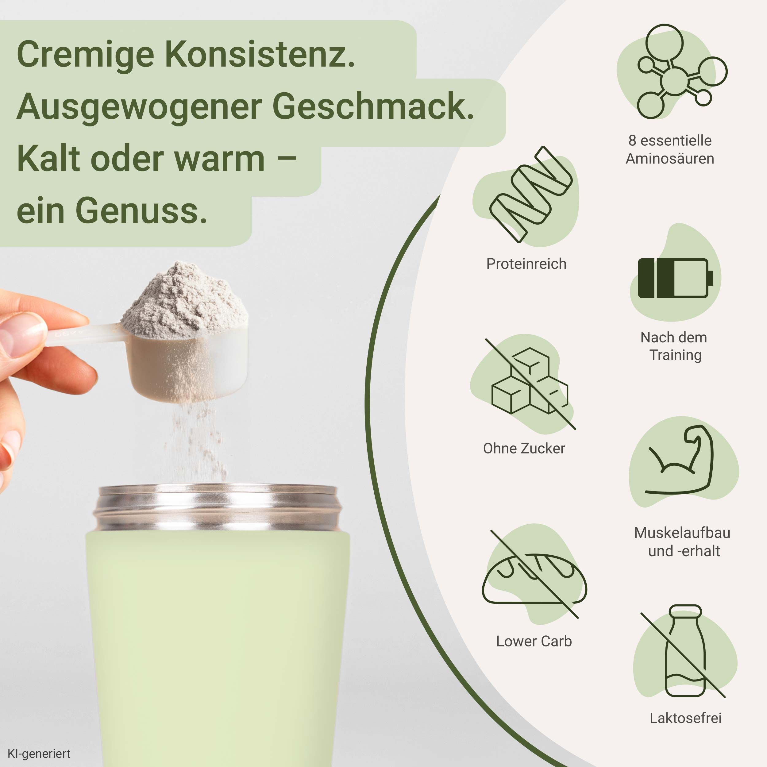 Eine Hand schüttet Proteinpulver aus einem Löffel in einen hellgrünen Behälter. Icons zeigen Aminosäuren, Protein, zuckerfrei, Lower Carb, nach dem Training, Muskelaufbau und laktosefrei.